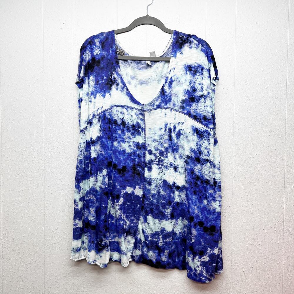 KENAR Tie Dye Blue & White Scoop Neck Top Womens 2X Stretch Relaxed Boho Casual